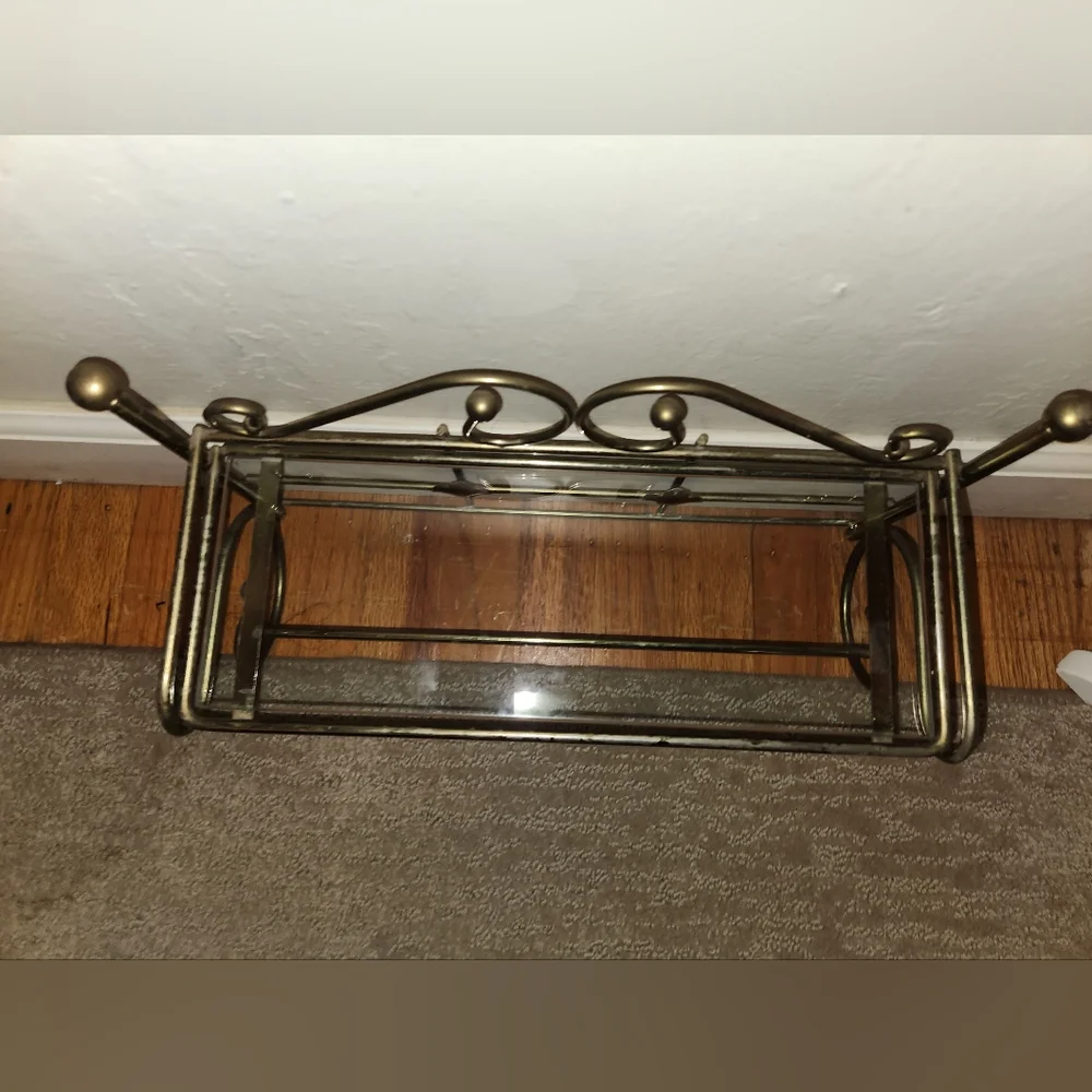 Vintage 1960s 1970s Brass & Glass Wall Rack Shelf